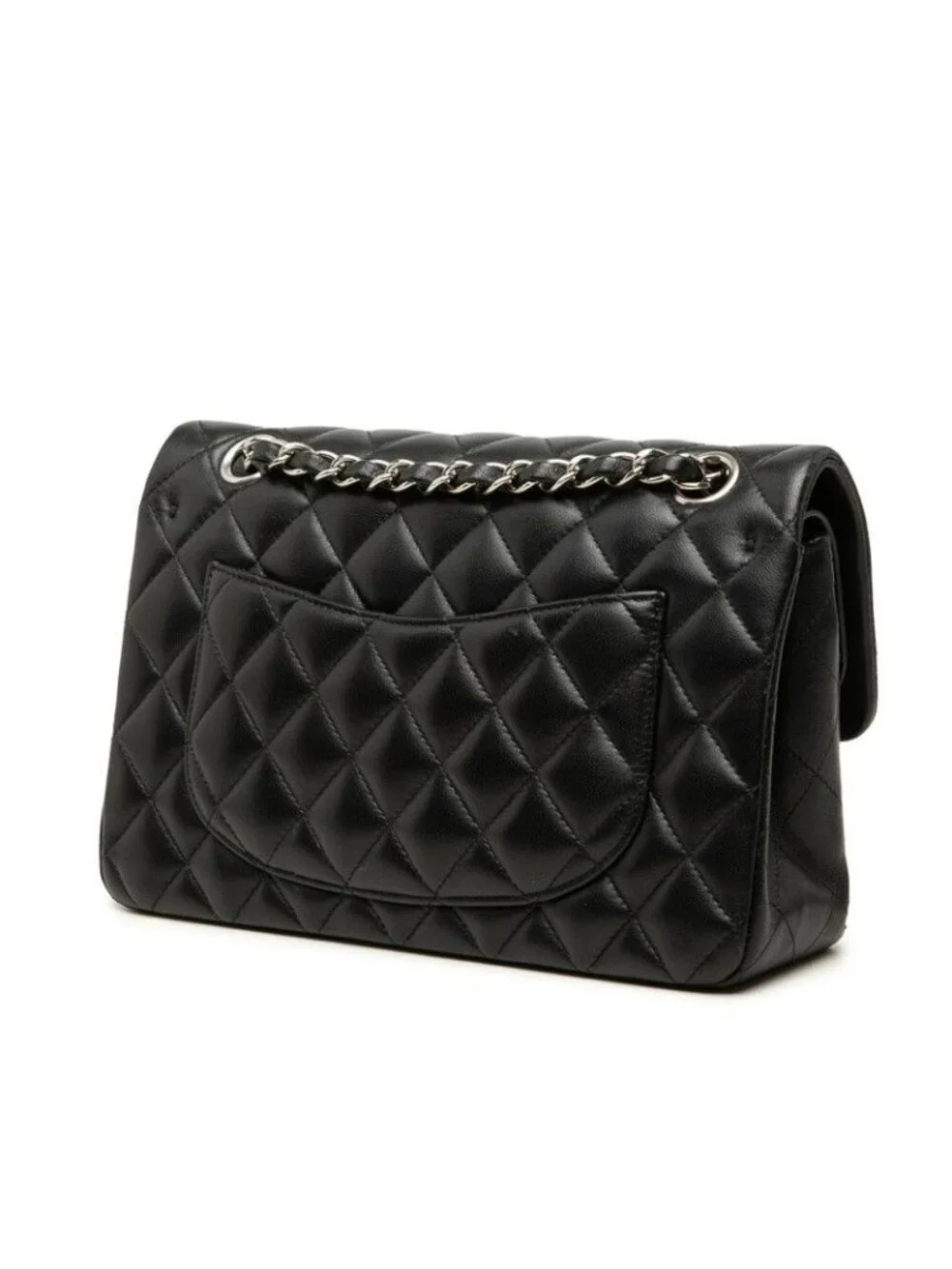 Chanel CC Logo Quilted Double Flap Chain Shoulder Bag Black Silver Lambskin